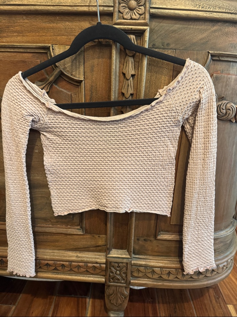 Free People Blush Pink Waffle Knit Long Sleeve Crop Top